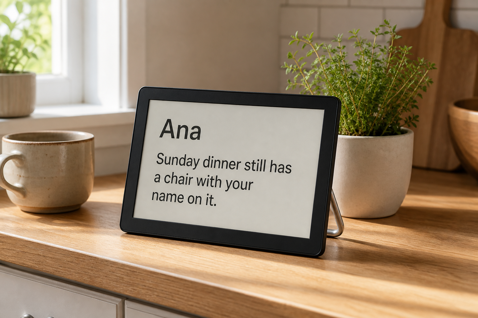 A Calm Display on a kitchen counter showing a prompt to text Ana