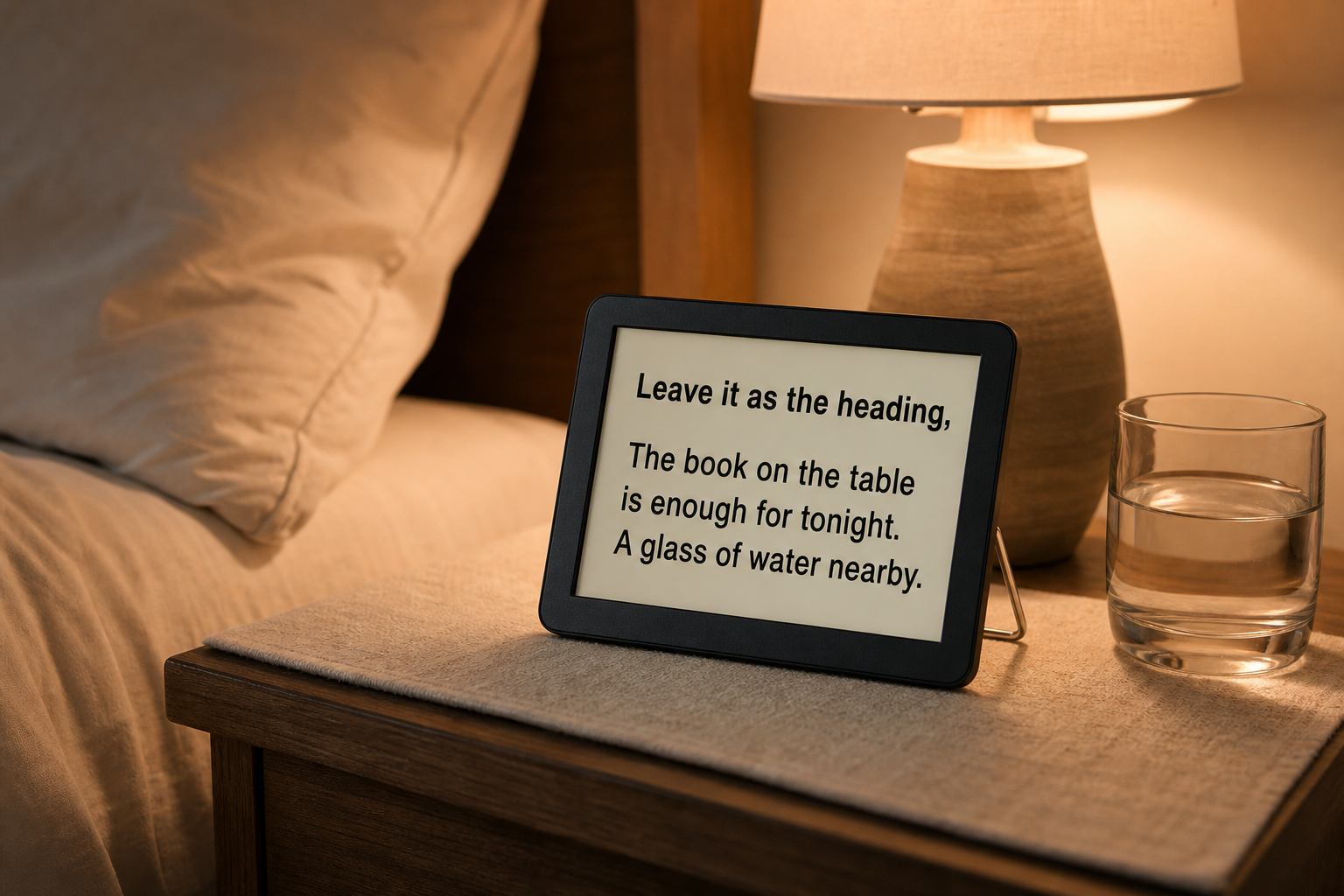 A Calm Display on a bedside table showing a prompt to leave the phone until morning